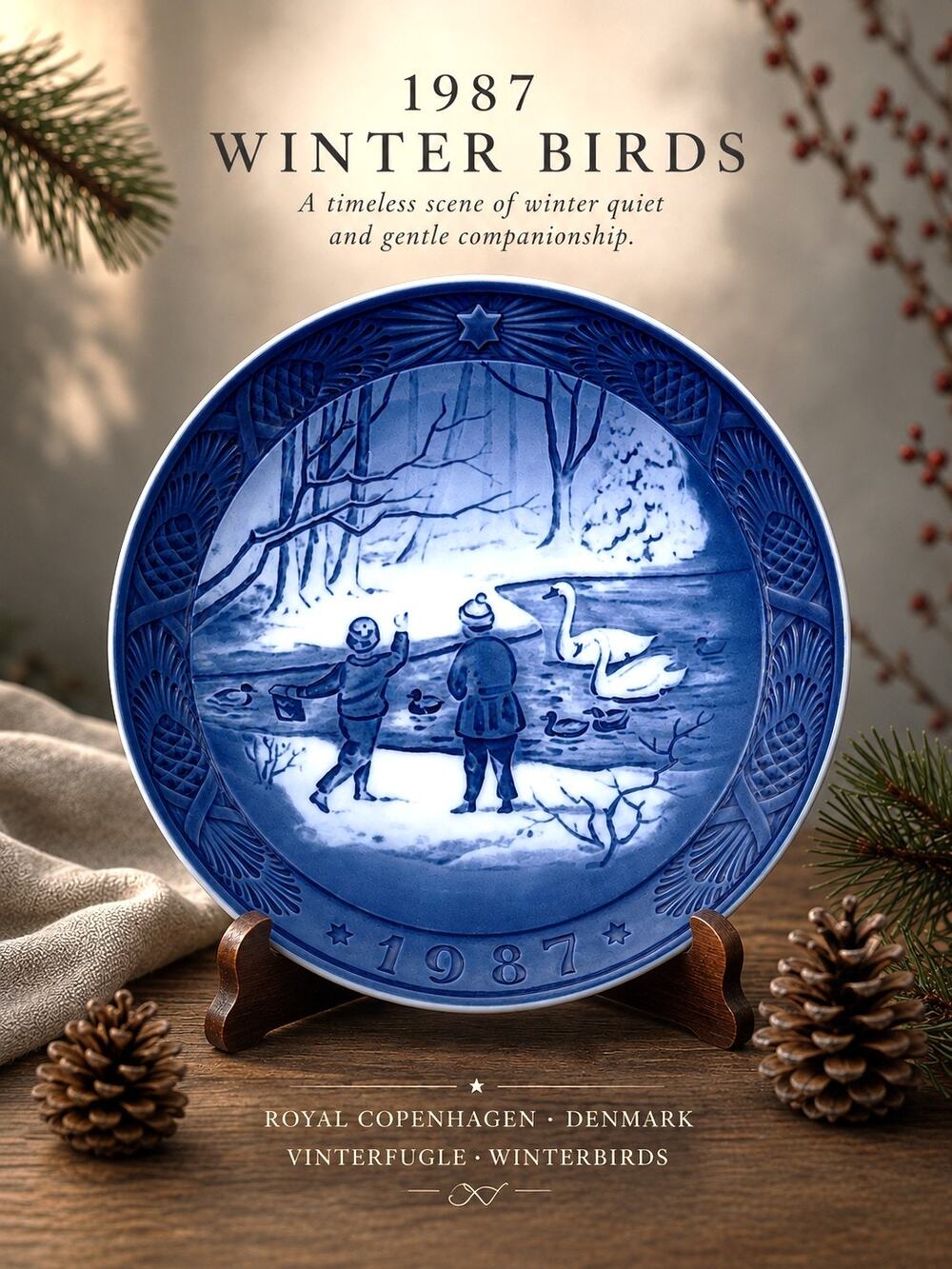 Royal Copenhagen 1987 Christmas Plate Winter Birds Vinterfugle Denmark 7" Blue